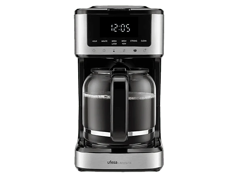Cafetera de goteo - Ufesa Ariccia 14, 900 W, 1.8 l, 14 tazas, Negro y Plata