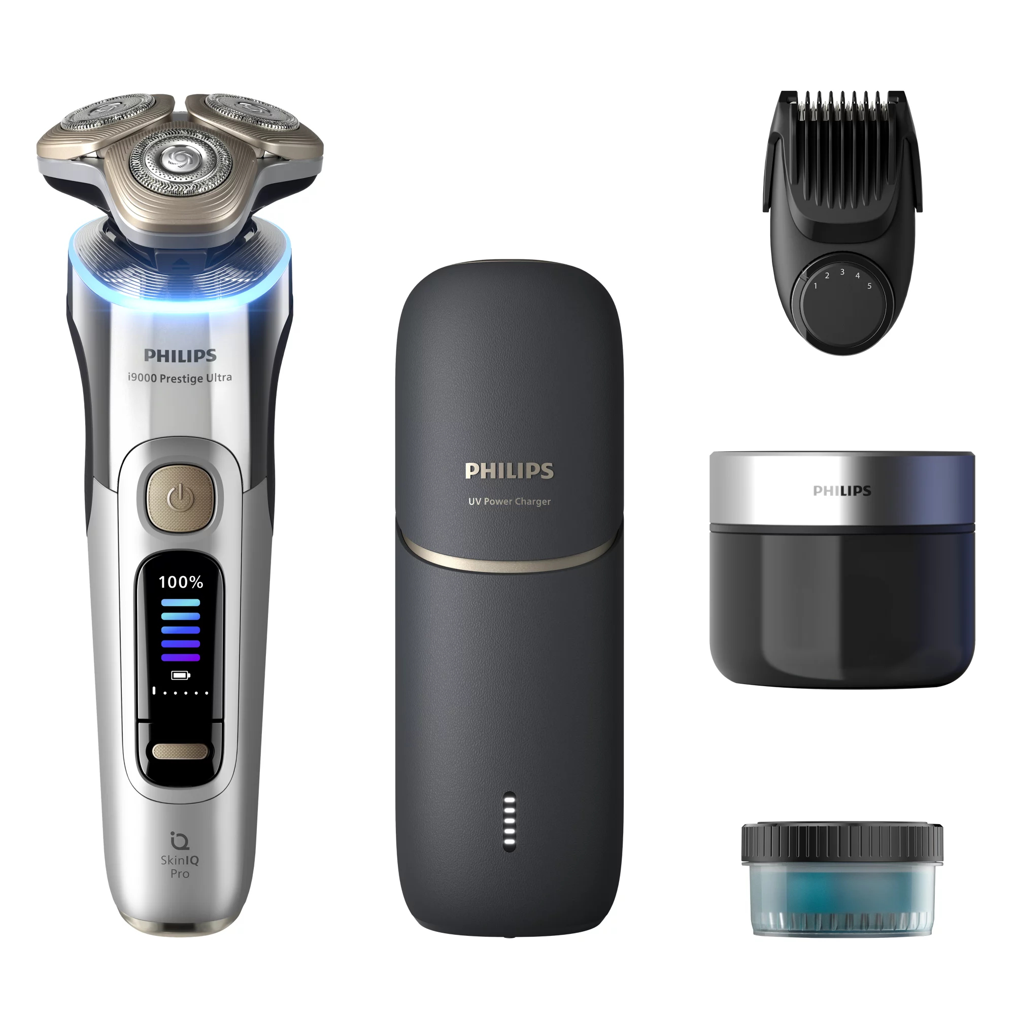 Afeitadora Philips i9000 Prestige Ultra XP9404/46, SkinIQ Pro, Hydro SkinGlide, Seco y Mojado, Apurado, Cargador UV, Moldeador Barba, Plateado