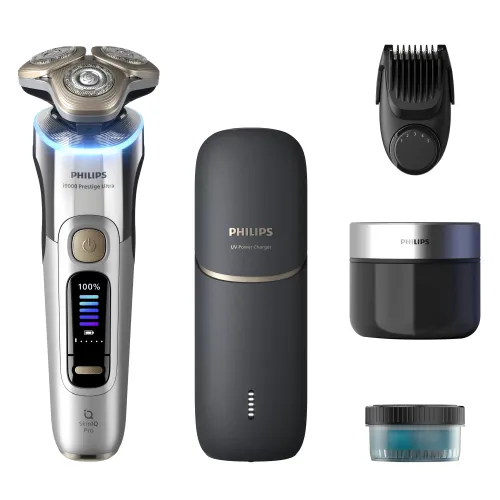 Afeitadora Philips i9000 Prestige Ultra XP9404/46, SkinIQ Pro, Hydro SkinGlide, Seco y Mojado, Apurado, Cargador UV, Moldeador Barba, Plateado