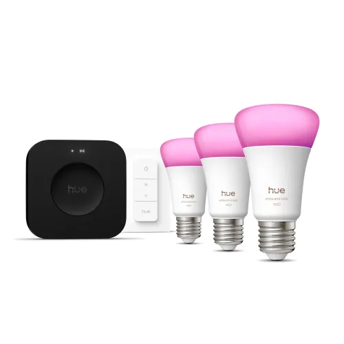 Philips Hue White & Color Ambiance Kit De Inicio: 3 Bombillas Inteligentes E27 + Regulador De Intensidad + Bridge Pro