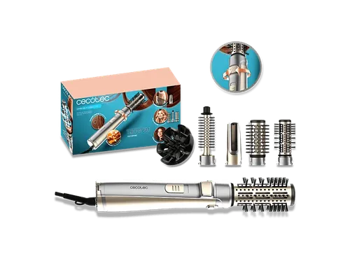Moldeador - Cecotec CeramicCare 5en1 AirBrush Gyro, 5 cabezales, Función rotativa bidireccional, Cerámico, iónica, 1100 W, Punta fría, Gris
