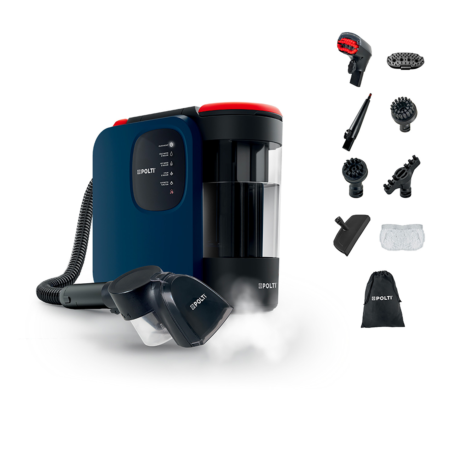 Aspirador de tapicerías - Polti StainOver Pet SC40, 2000 W, Vapor, 4 funciones en 1, Doble depósito, Ruedas giratorias, Azul