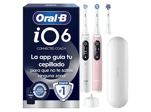 Cepillo eléctrico - Oral-B iO 6s, Pack doble, 5 modos, Seguimiento con app, Pantalla interactiva, Sensor de presión, Estuche viaje, Blanco y rosa