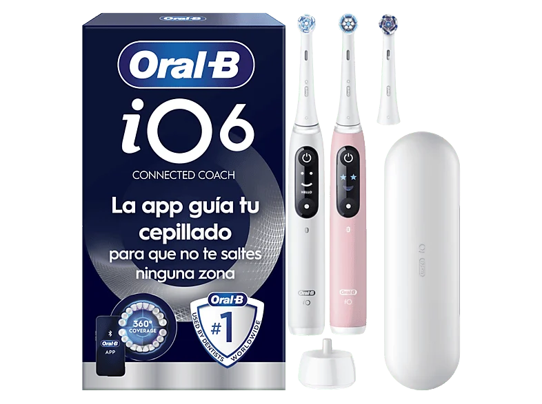 Cepillo eléctrico - Oral-B iO 6s, Pack doble, 5 modos, Seguimiento con app, Pantalla interactiva, Sensor de presión, Estuche viaje, Blanco y rosa