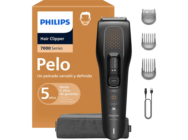 Cortapelos - Philips Series 7000 HC7722/15, 28 Longitudes, 120 min, Cuchillas de Acero Autoafilables, Seco y Mojado, Uso Con Sin Cable, Metálico