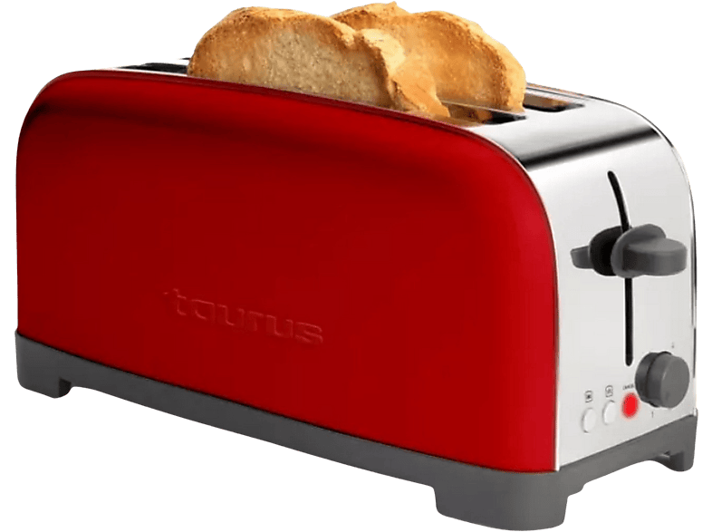 Tostadora - Taurus Vintage Red, 1400 W, Funciones de: Cancelar, Descongelar, Recalentar, 2 Ranuras extralargas, Rojo
