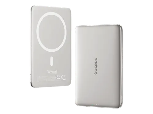 Powerbank - Baseus PicoGo AM41 Ultra-fina, 5000 mAh, 20W, Carga magnética, Con cable Tipo C 60W, Pass-Through, rápida, Blanco Titanium