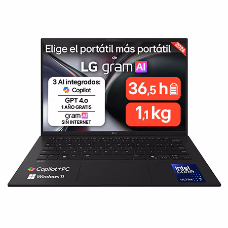 Portátil - LG Gram 14Z90U-G.AU88BN Copilot+ PC, 14" WUXGA, Intel® Core™ Ultra 7 355 49 TOPS, 32 GB RAM, 1 TB SSD, Windows 11 Home, Sin cargador
