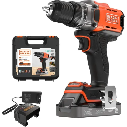 BLACK+DECKER - Taladro Atornillador 18V con 1 Batería 2Ah + Cargador y Maletín.