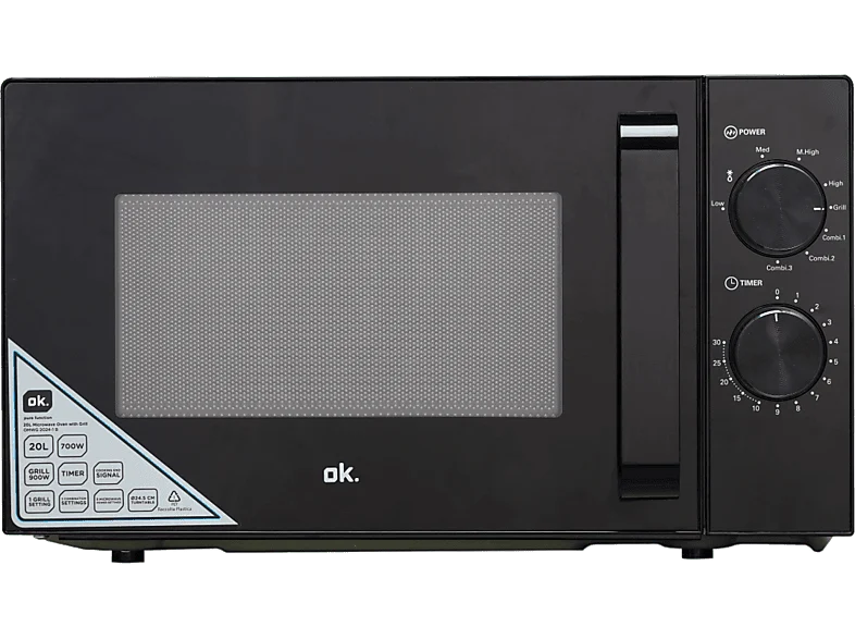 Microondas - Ok OMWG 2024-1 B, 700 W, 900 W Grill, 5 Niveles de Potencia, Función Descongelar, Temporizador, 20 l, Negro