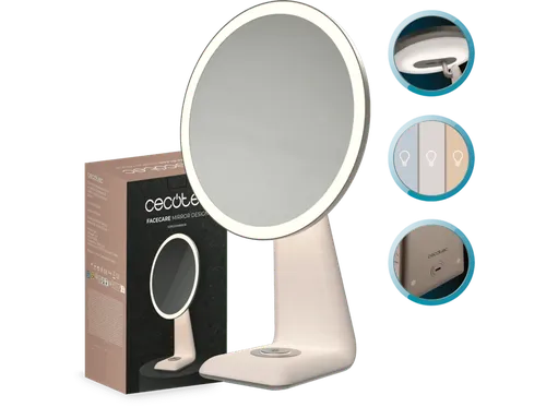 Espejo lumínico - Cecotec FaceCare Mirror Design, Recargable, Función lámpara, 3 intensidades de luz y batería 2000 mAh, Gris