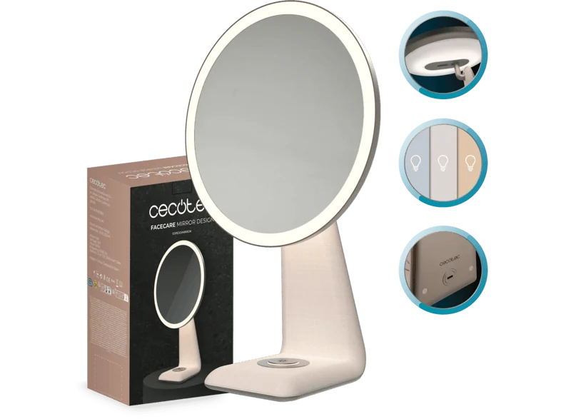 Espejo lumínico Cecotec FaceCare Mirror Design, 2000 mAh, gris