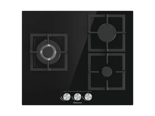 Placa de gas - Hisense GG633B, 3 zonas, 58 cm, Gas Natural, Encendido fácil, Fogón Wok, Cristal Negro