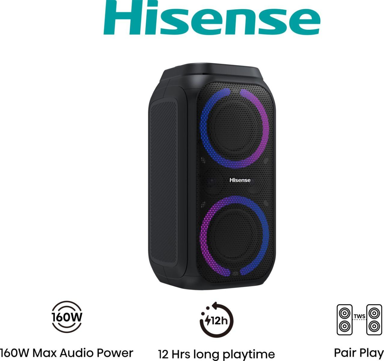 Altavoz de gran potencia - Hisense HP160 Party Rocket, 160 W, Con batería, Autonomía 12 horas, 5 efectos luz, Modo Karaoke, Pair Play, IPX4, Negro