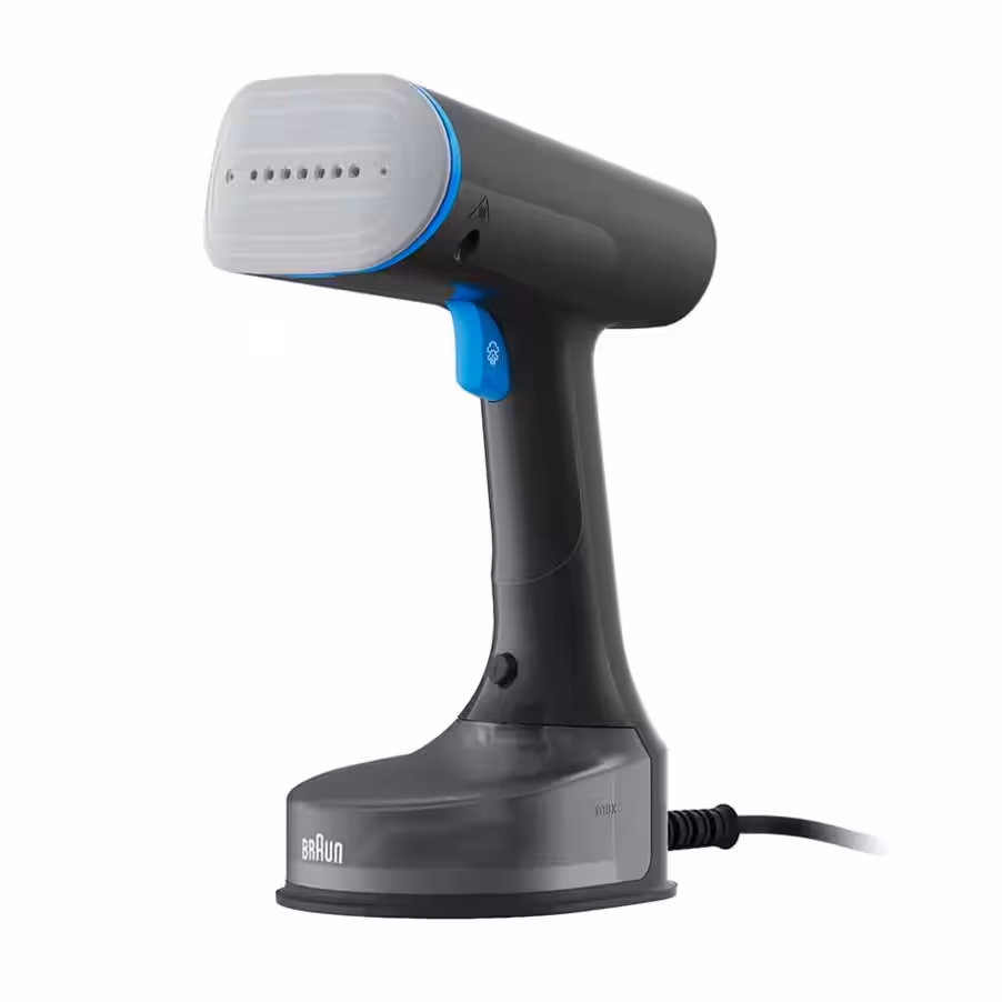 Plancha de vapor vertical - Braun QuickStyle 5 GS5031BL, 1200W, 0.15 l, Vapor 25g/min, Calentamiento rápido, Negro/Azul