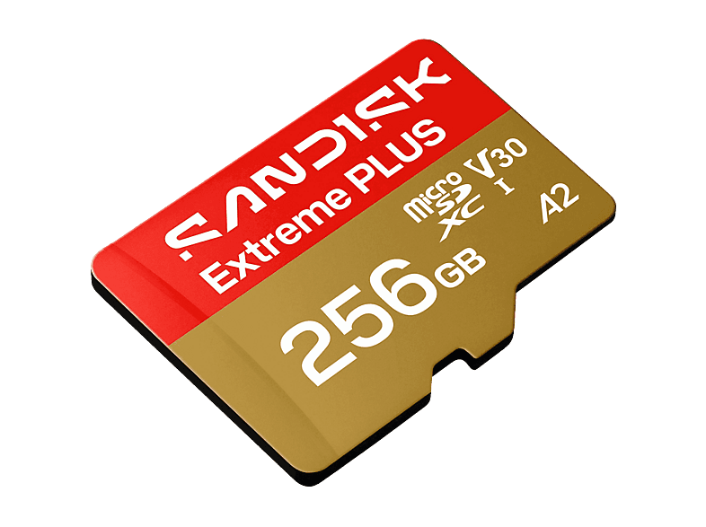 Tarjeta Micro SD - SANDISK Extreme PLUS, 256 GB, Hasta 250 MB/s de lectura, 5K y 4K UHD, V30, A2, U3, UHD-I, Adaptador SD, Oro