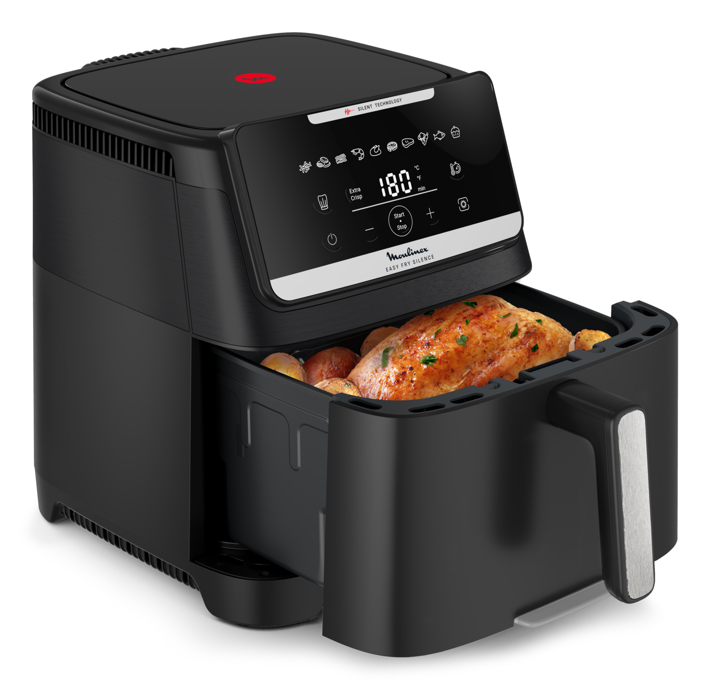 Freidora de aire - Moulinex Easy Fry Silence EZ8428, 7L, Tecnología silenciosa, Compacta, Panel frontal desmontable, Hasta 8 personas, 10 programas