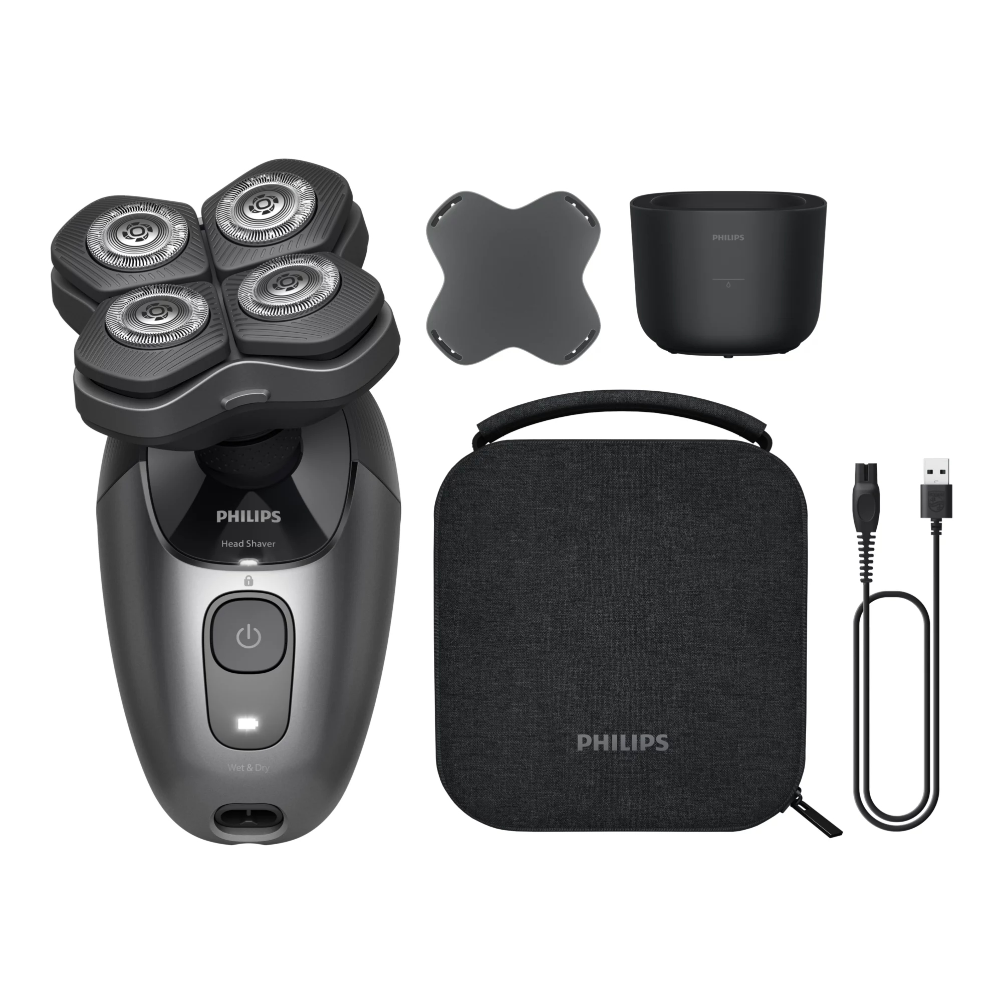 Afeitadora - Philips Head Shaver Pro 7000 HS7980/15, 90 min, Cabezal 360°, ComfortCut, PowerAdapt, Carga Rápida, Negro