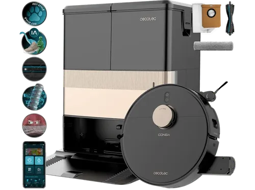Robot aspirador - Cecotec Conga R500, 25.000 Pa, Rodillo elevable, Base de autovaciado, IA, Cepillo antienredos, 280 minutos autonomía, Negro