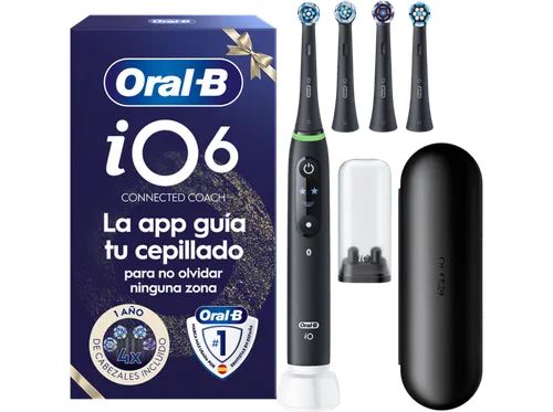 Cepillo eléctrico - Oral-B iO 6S, 5 modos, Seguimiento con app, Pantalla interactiva, Sensor de presión, 4 cabezales, Negro mate, Edición Navidad