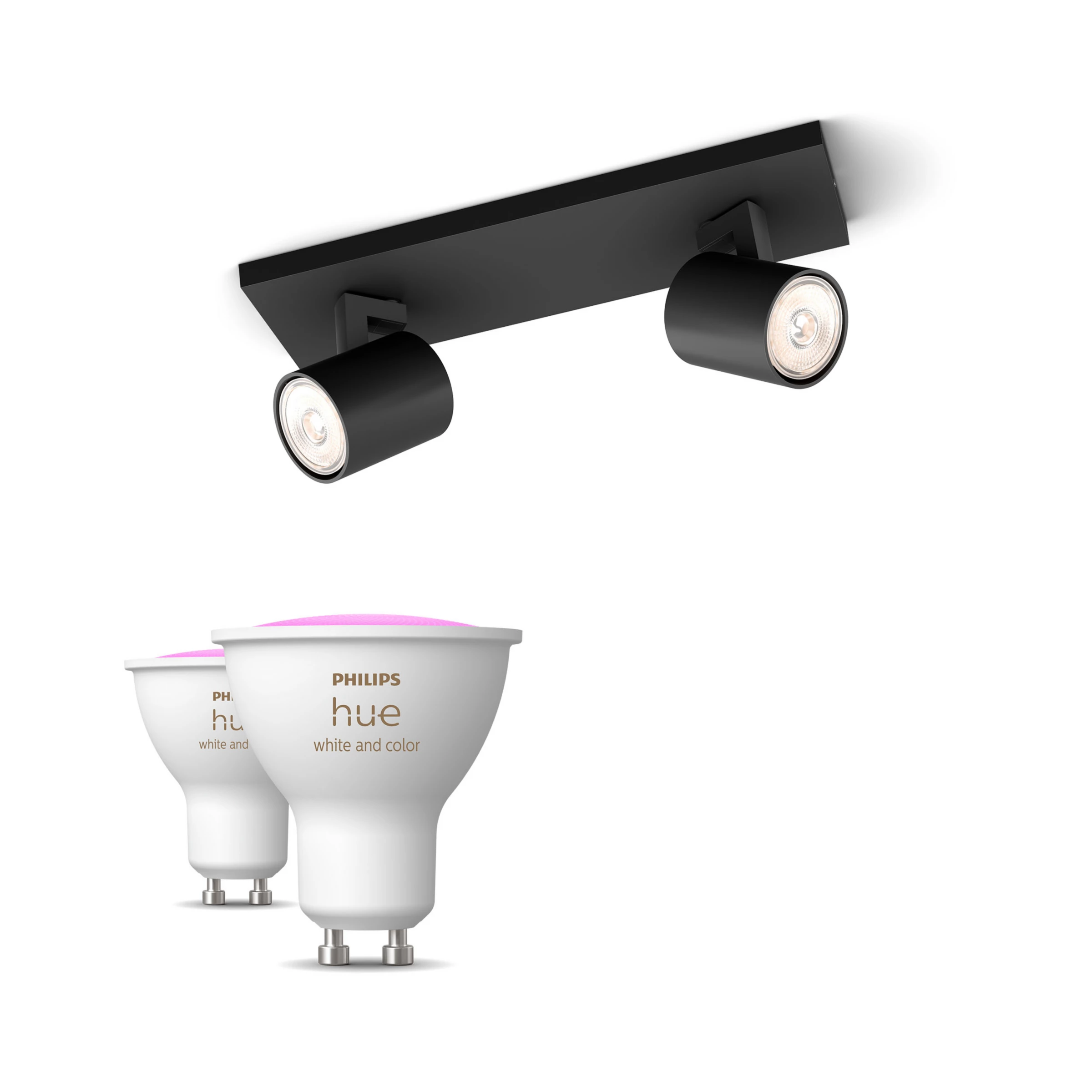 Philips Hue Pack: X2 Focos Philips Runner (negro) + 2 Bombillas Gu10 Rgb