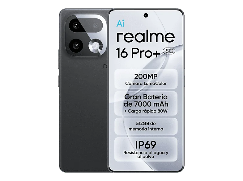 realme 16 Pro+, Master Grey, 512 GB, 12 GB RAM, 6.8" HyperGlow 4D Curve+ de 144Hz, Qualcomm Snapdragon 7 Gen 4, 7000 mAh