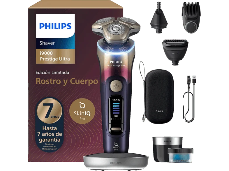 Afeitadora Philips i9000 Prestige Ultra XP9407/37, SkinIQ Pro, Hydro SkinGlide, Seco y Mojado, 60 min, Apurado, Moldeador Barba, Ciruela
