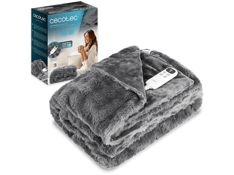 Manta eléctrica - Cecotec HeatConfort Noa Elite (160x130), 115 W, 10 niveles de temperatura, Temporizador y apagado automático, Gris