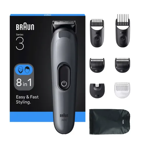 Afeitadora multifunción - Braun Todo En Uno Series 3 AIO3540, Kit De Styling 8 en 1, Lámina Afilada, 14 Longitudes, Gris
