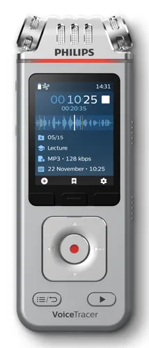 Grabadora de voz - Philips DVT4115, 8 GB, 36h Grabación, 3 Micrófonos, Plata