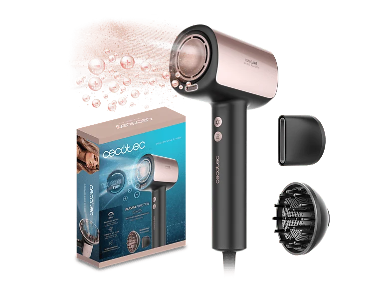 Secador - Cecotec DryGlam Nano Plasma, 1600W, 3 velocidades, temperaturas, Concentrador, Difusor, 110.000 RPM, Función plasma, Negro