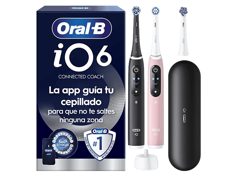 Cepillo eléctrico - Oral-B iO 6s, Pack doble, 5 modos, Seguimiento con app, Pantalla interactiva, Sensor de presión, Estuche viaje, Negro y rosa