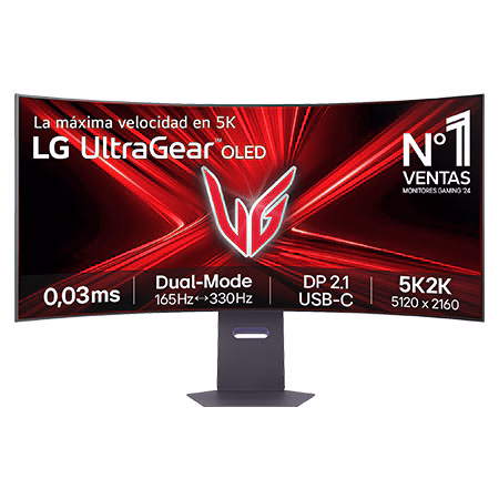 Monitor Gaming OLED LG UltraGear, 45", OLED 5K2K WQHD (5121x2160), DualMode (165/330Hz), 0,03 ms, 21:9, Curvo 800R - 45GX950AX-B.OBSPTO