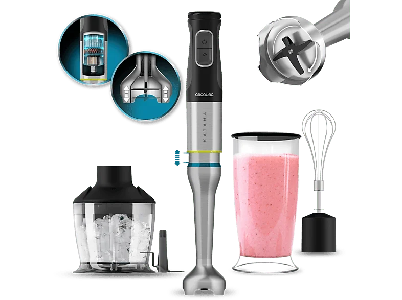 Batidora de mano - Cecotec Katana 15 Chop G, 1500 W, 21 velocidades, Tecnología PerreoMove, Cuchillas 4 hojas, Función Turbo, Vaso 800ml, Grey