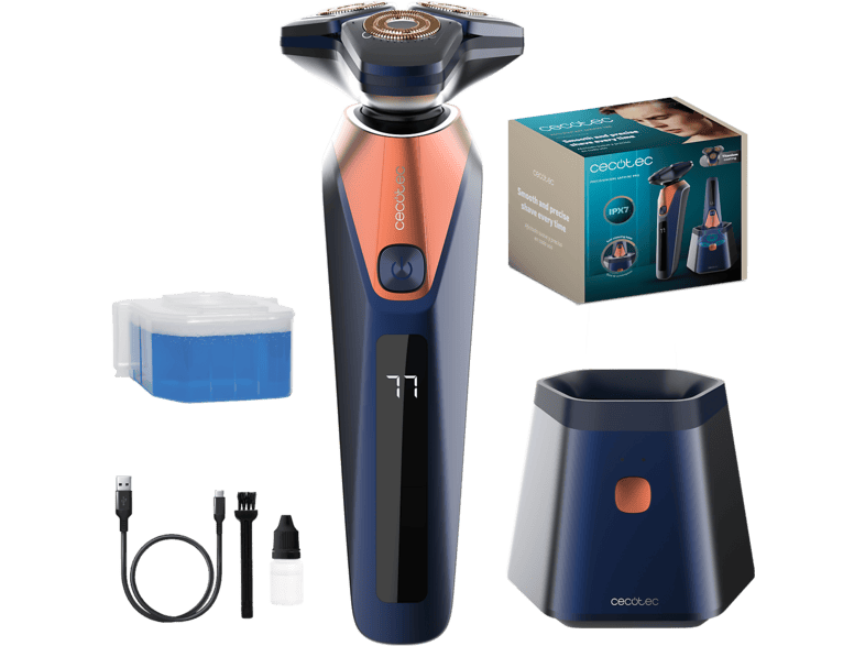 Afeitadora PrecisionCare Saphire Pro Elite, Cuchillas de titanio, Base autolimpieza, 90 min autonomía, IPX7, 3 velocidades, Azul