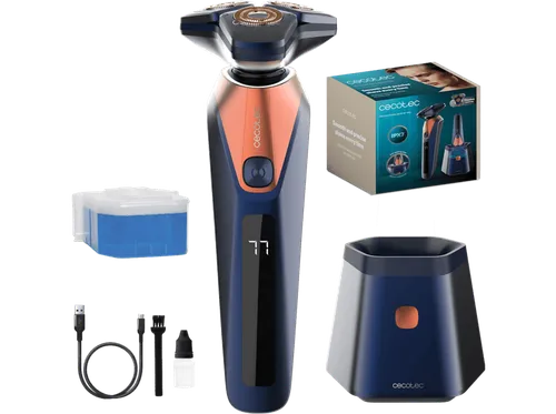 Afeitadora PrecisionCare Saphire Pro Elite, Cuchillas de titanio, Base autolimpieza, 90 min autonomía, IPX7, 3 velocidades, Azul