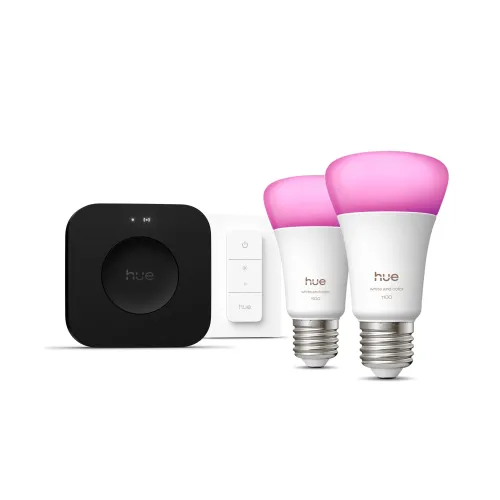 Philips Hue White & Color Ambiance Kit De Inicio: 2 Bombillas Inteligentes E27 + Regulador De Intensidad + Bridge Pro
