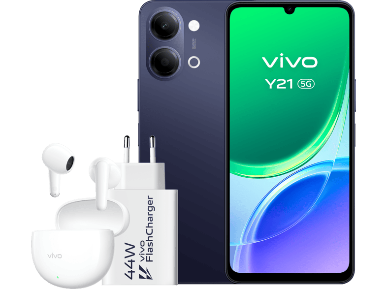 vivo Y21, Negro, 128 GB, 4 GB RAM, 5G, 6.74" HD+, MediaTek Dimensity 6300, 6.500 mAh + Cargador 44W FlashCharger Auriculares Buds Air3