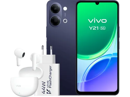 vivo Y21, Negro, 128 GB, 4 GB RAM, 5G, 6.74" HD+, MediaTek Dimensity 6300, 6.500 mAh + Cargador 44W FlashCharger Auriculares Buds Air3