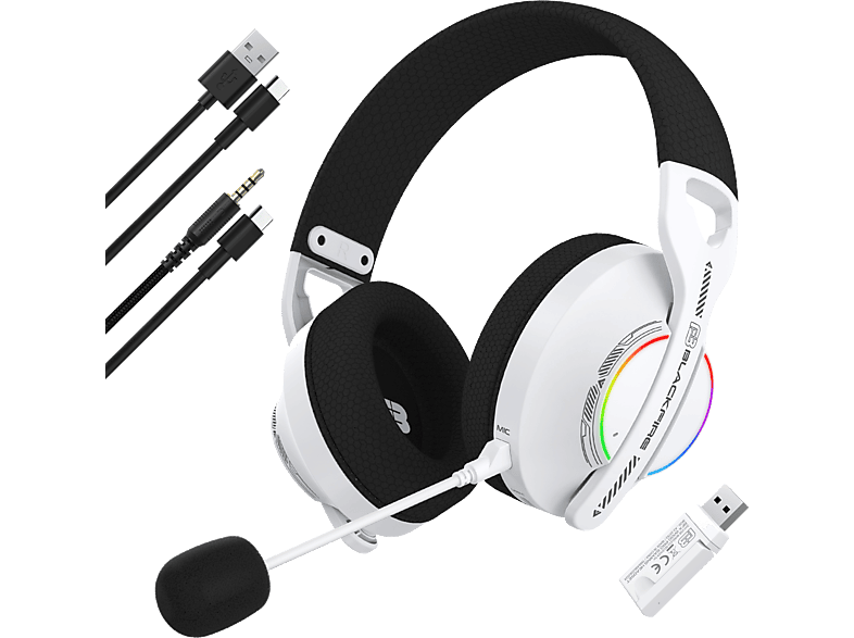 Auriculares gaming - Ardistel BLACKFIRE® BFX-W100 PRO, 3 modos de conexión: Bluetooth, Wireless Dongle 2.4G y Cable, Micrófono, Blanco