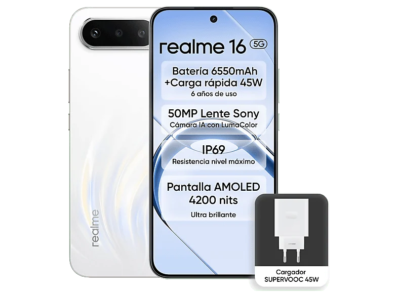 realme 16, Blanco, 256GB, 8GB RAM, 6.57" FHD FOLED, D6400 Turbo, 6550mAh