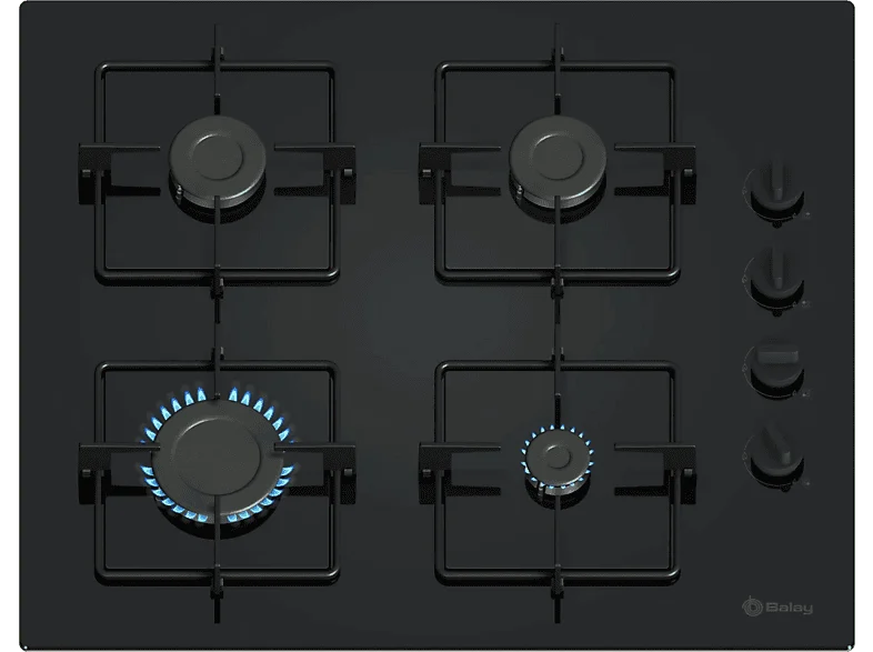 Balay - Placa de gas Balay, 60 cm, GasStop, Cristal templado, Negro - 3ETG464SB.