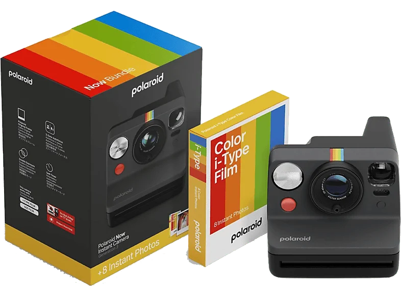 Cámara instantánea - Polaroid Now Generation 3 + Paquete de película Color i-Type, Flash preciso, Negro