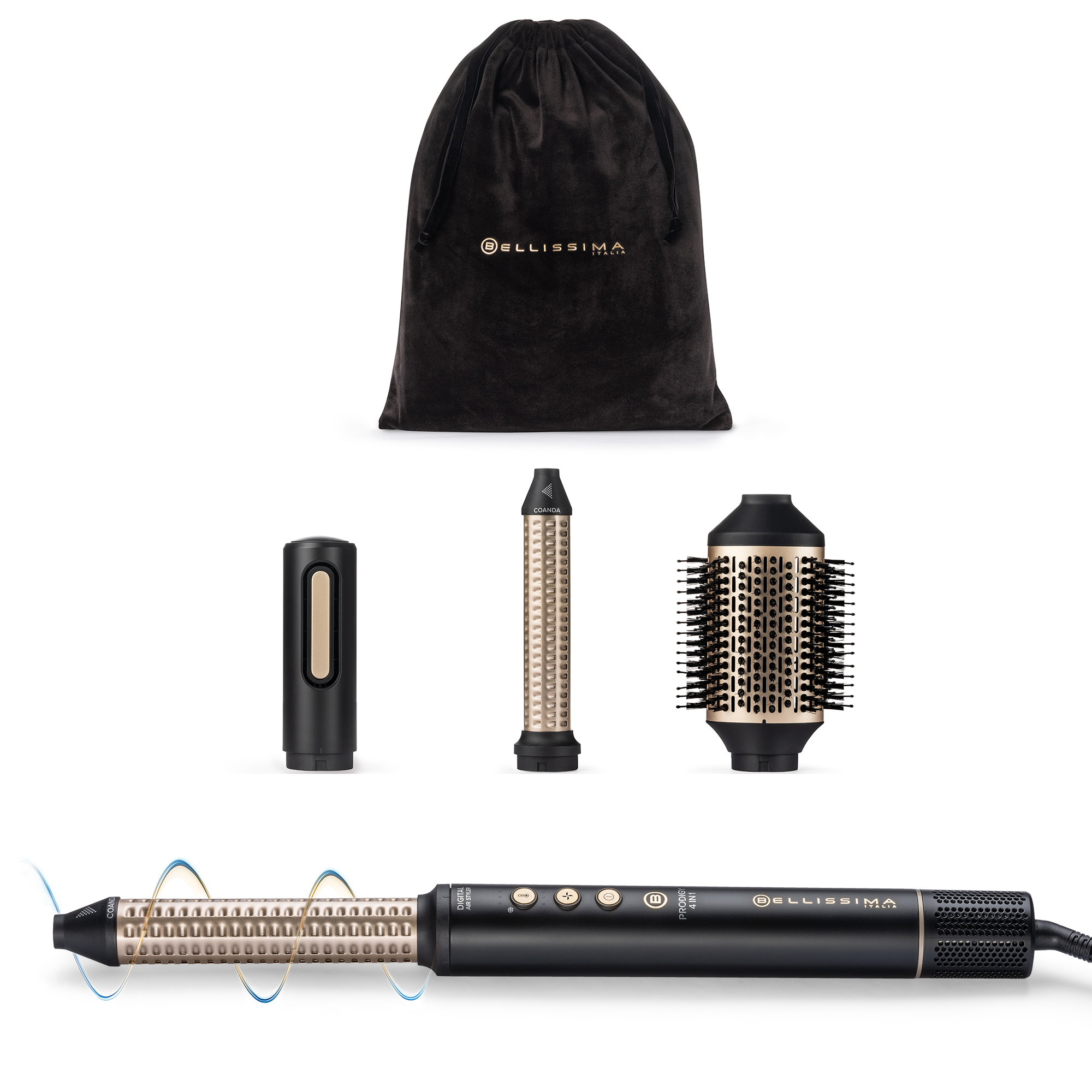 Moldeador - Bellissima Prodigy 4 en 1, Tecnología Ion Ceramic Hi-Pro, 3 Temperaturas, Aire Frío, Coanda, Negro/Mate Dorado