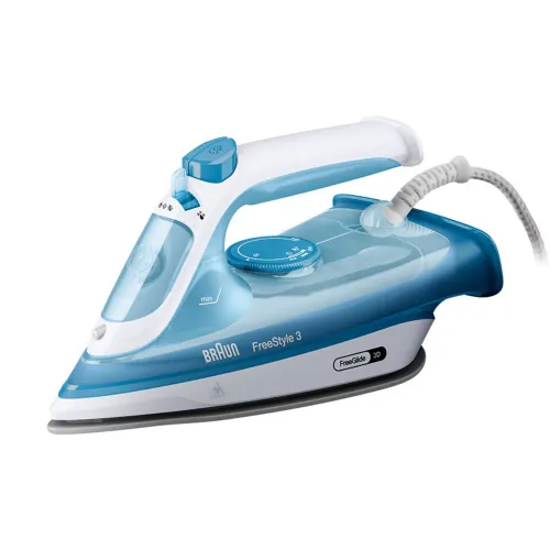 Plancha de vapor - Braun FreeStyle 3 FI3144BL, 2400W, 0.27 l, Golpe 170 g/min, Suela FreeGlide 3D cerámica, Asa ergonómica, Azul