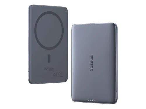 Powerbank - Baseus PicoGo AM41 Ultra-fina, 5000 mAh, 20W, Carga magnética, Con cable Tipo C 60W, Pass-Through, rápida, Gris