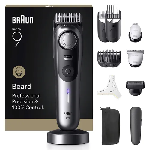 Barbero - Braun Series 9 BT9560, 12 Accesorios para barba, 52 ajustes de longitud, Bloqueo precisión, Lámina ProBlade, PowerBoost, Wet&Dry, Cromo