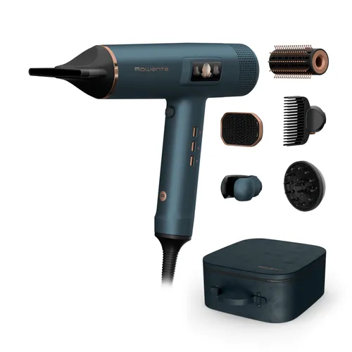 Secador - Rowenta Maestria For You HY9430, 1800 W, Pantalla LED integrada, 225 km/h, 6 Accesorios, Estuche premium, Azul metalizado