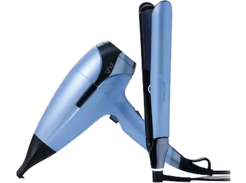 Plancha de pelo - ghd Kit Deluxe Iced, Incluye Secador y Cofre, Cerámica, 185 °C, Tecnología HD motion-responsive™, Azul Gélido