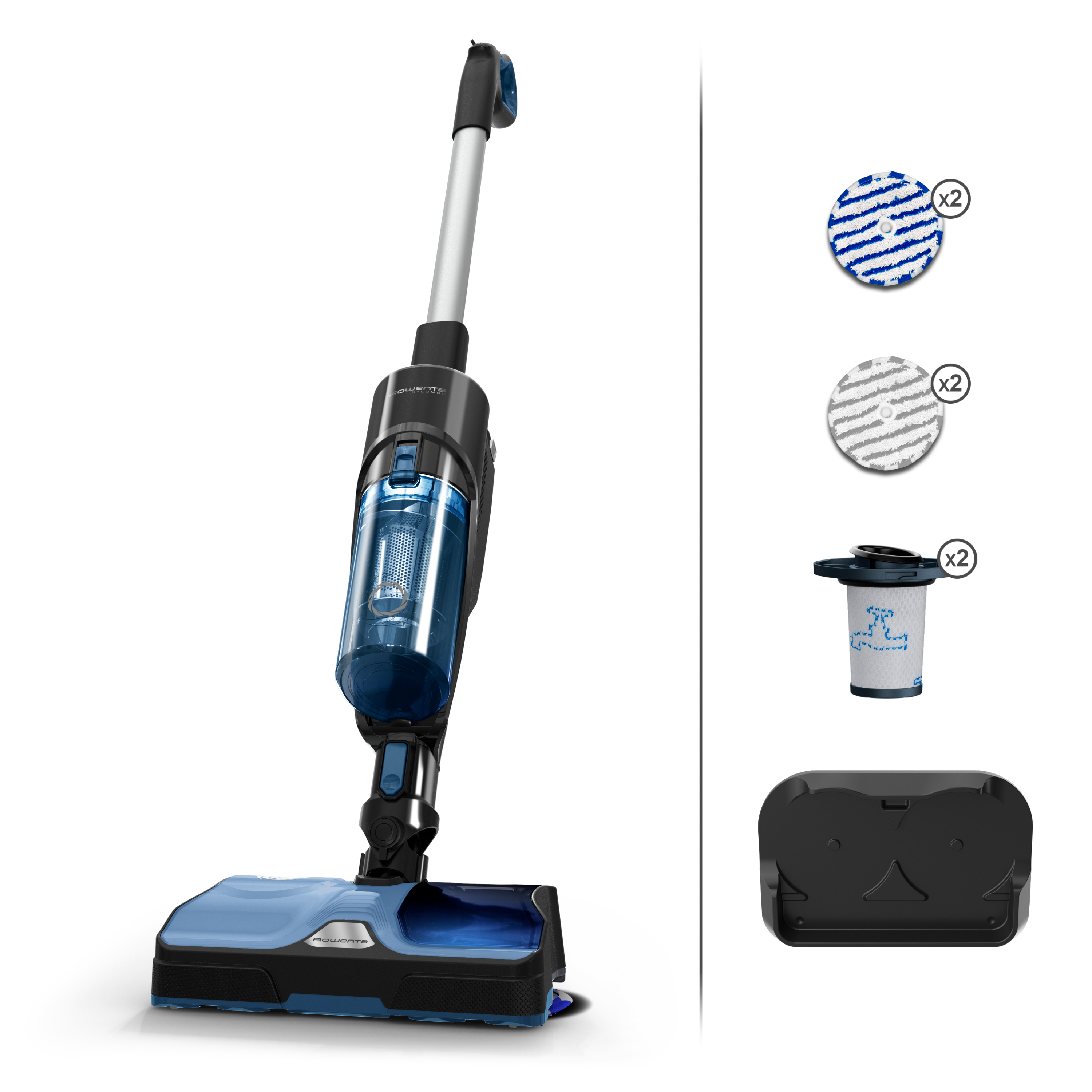 Rowenta X-Combo, Aspiradora mopa híbrida sin cable, Aspira y friega, 215 W, Azul
